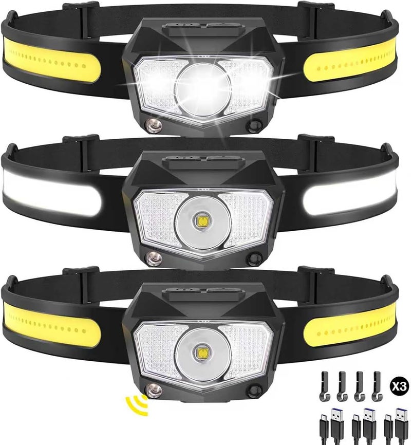 KYEKIO مصباح رأس قابل لإعادة الشحن 3 حزمة، شعاع عريض 230° COB و LED فائق السطوع 60° مع ضوء أبيض وأحمر، 7 أوضاع لمصابيح الرأس مع مستشعر حركة، مصابيح رأس للبالغين للتخييم والجري والمشي في الطبيعة - Image 1